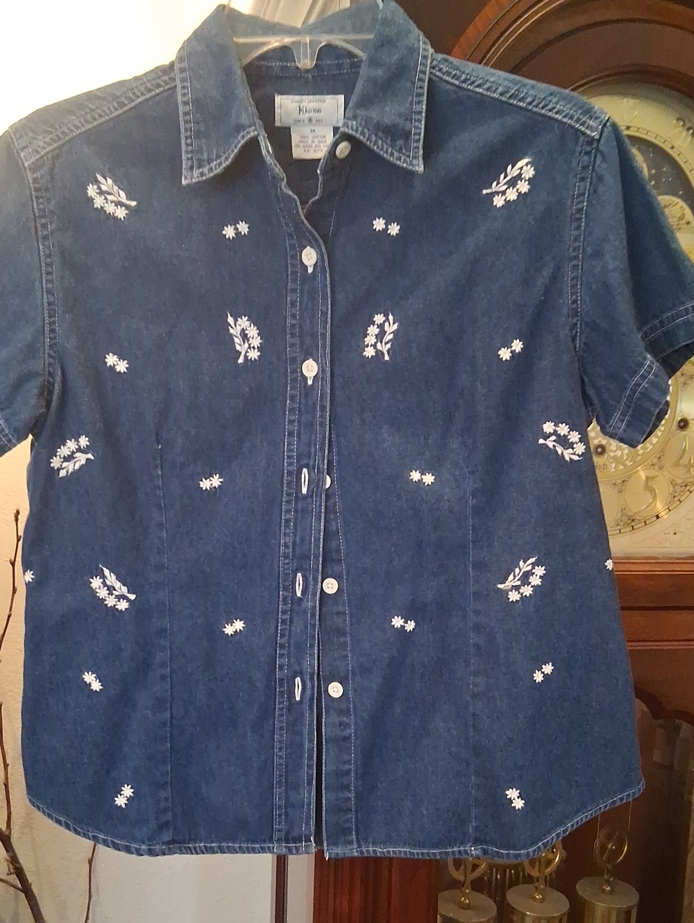 KIKOMO Women's Denim Button-Up Shirt with White Embroidery